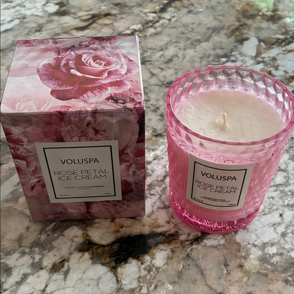 Voluspa Pink Rose Petal Ice Cream Scented Candle in Decorative Glass